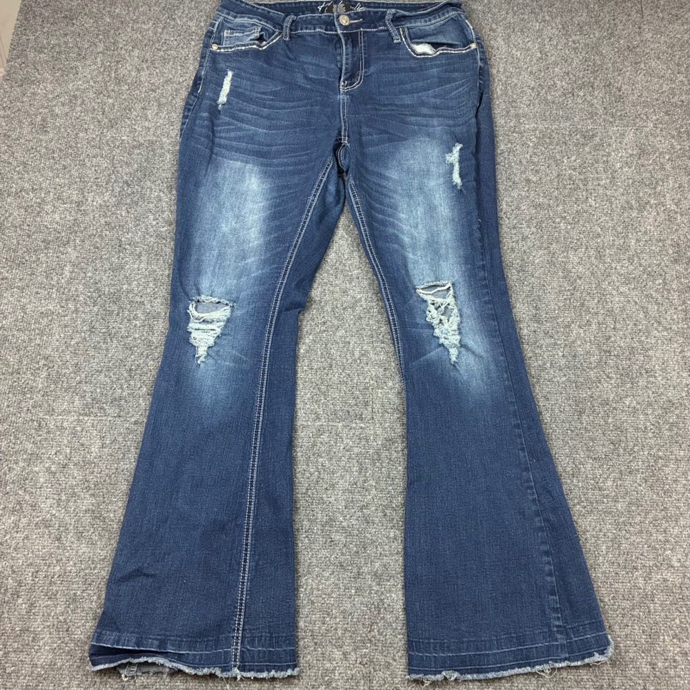 Hydraulic Curvy Flare Jeans Womens Size 14W Medium Wash Distressed Rhinestone